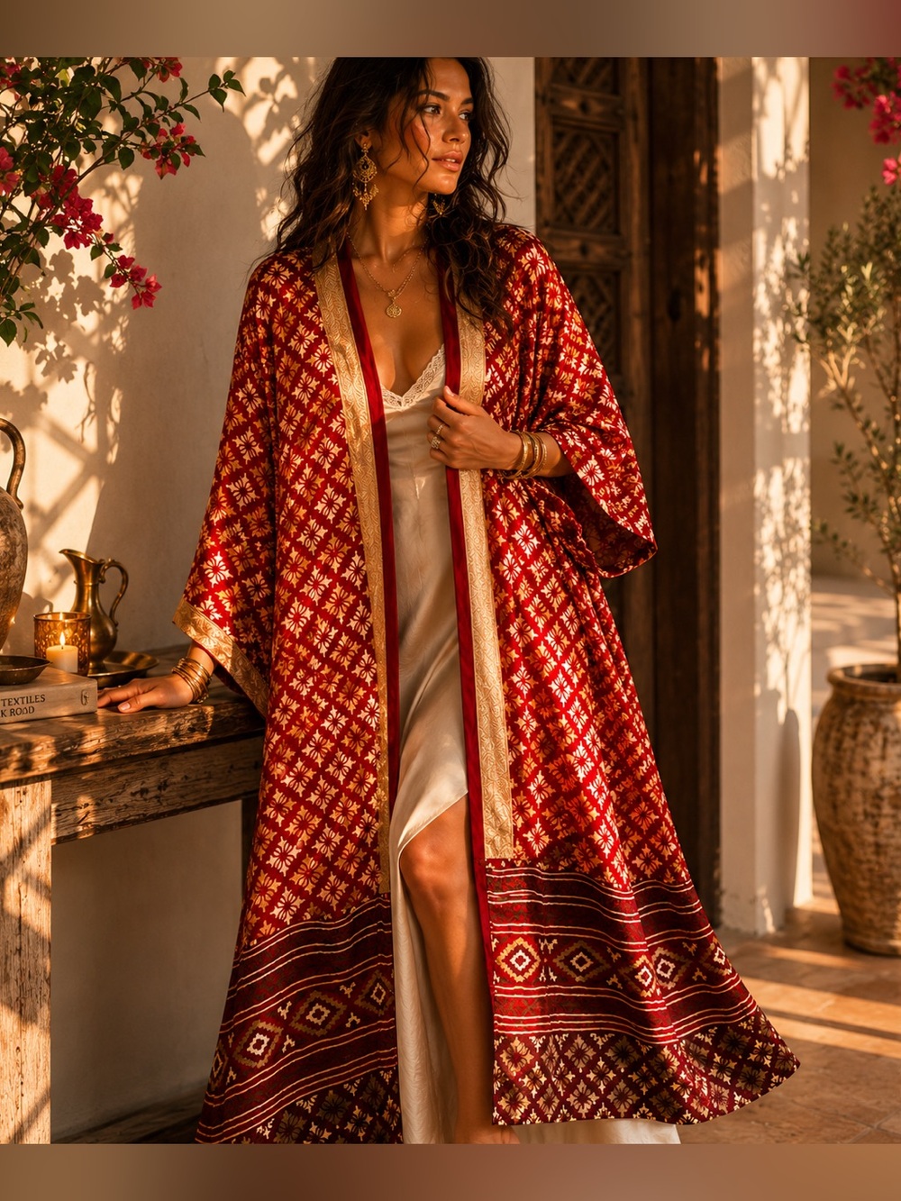 BAIZAAR Handmade 100% Silk Kimono Red Gold Floral Artisan Robe Made in India